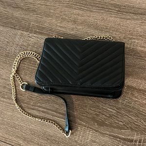 Black Leather Gold Chain Crossbody Bag Purse